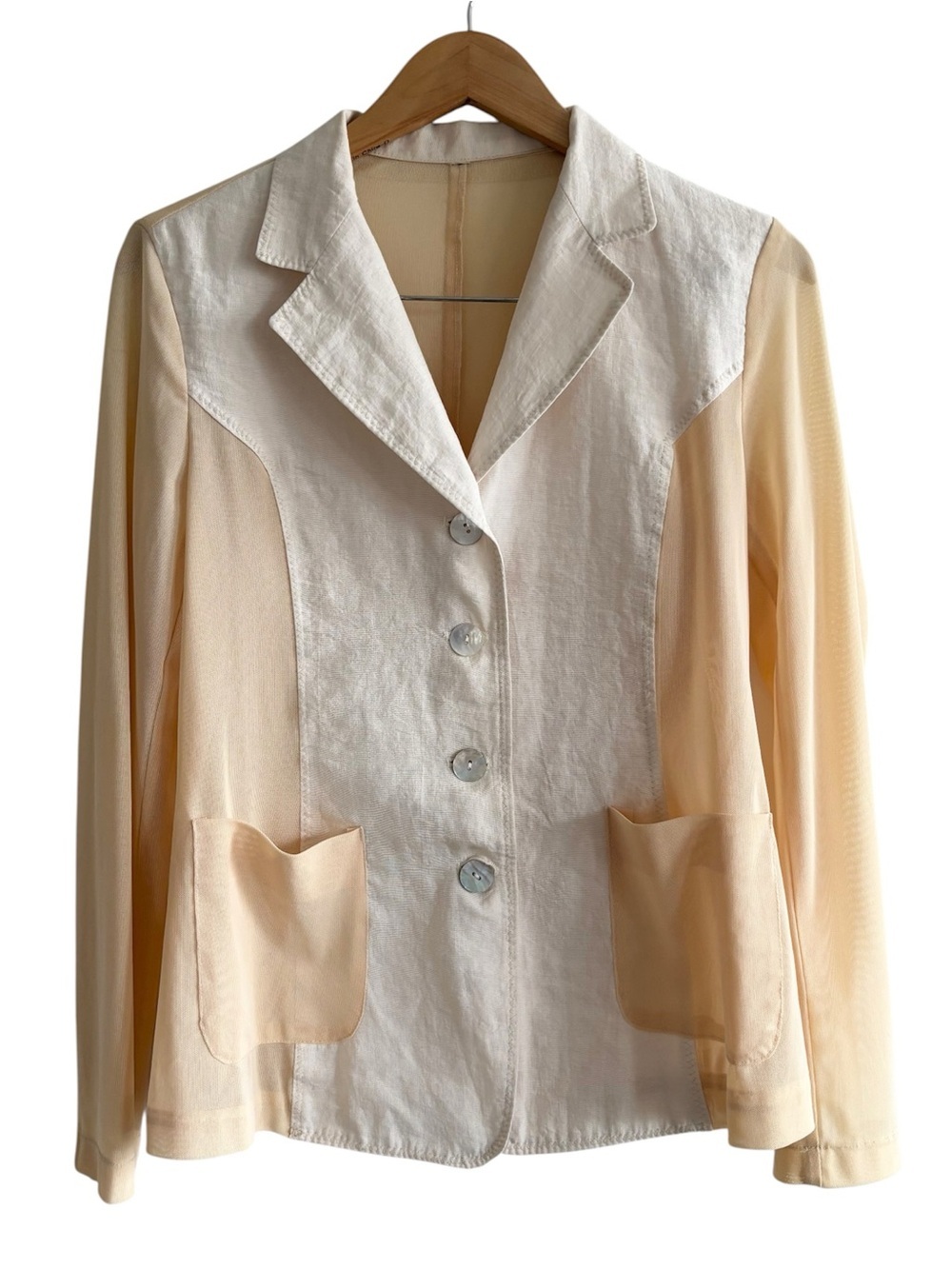 Vintage Sheer Mesh Panel Blazer Jacket Cream Beige Lightweight Button Front
